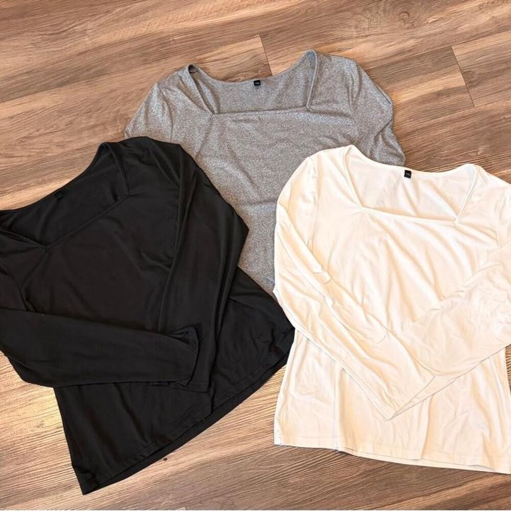 Womenโs 1XL 3 Piece Long Sleeve Tops Black Gray White Basic Layering Set